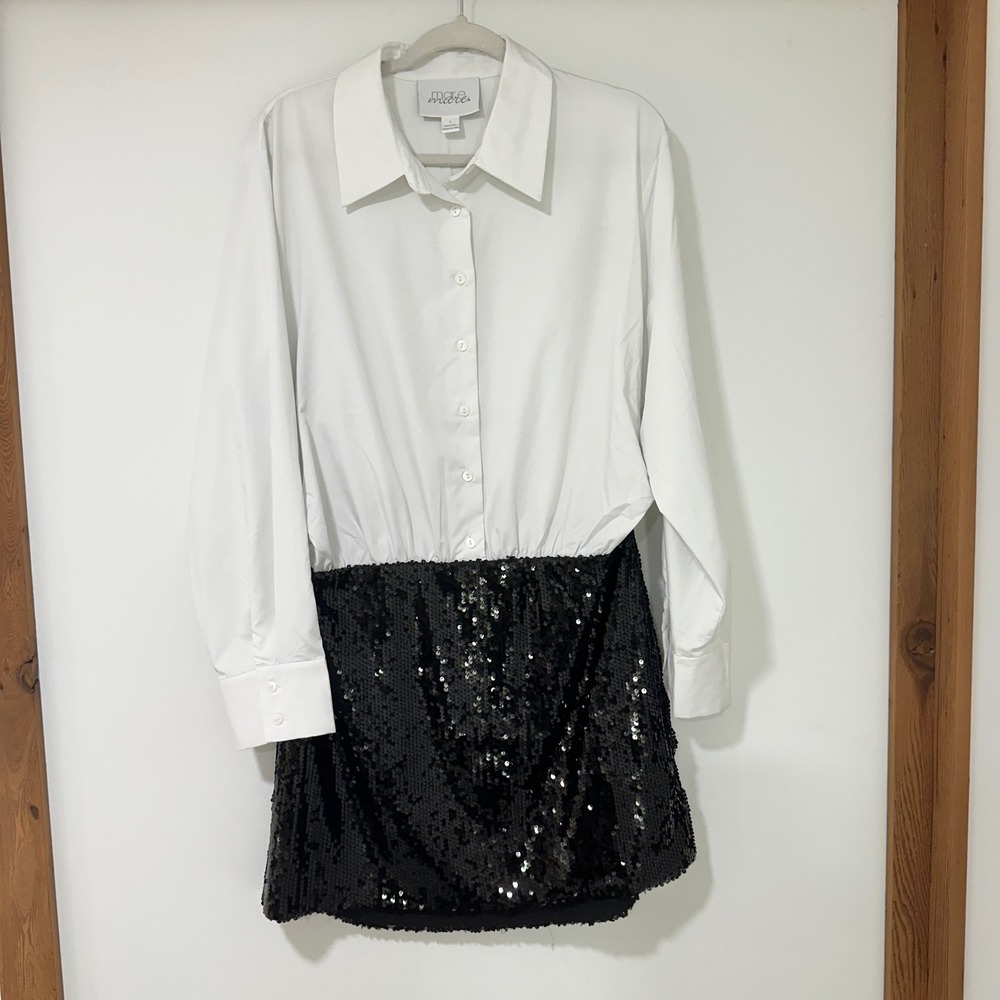 Mare Mare Women Large White Black Sequin Mini Dress Long Sleeve Anthropologie